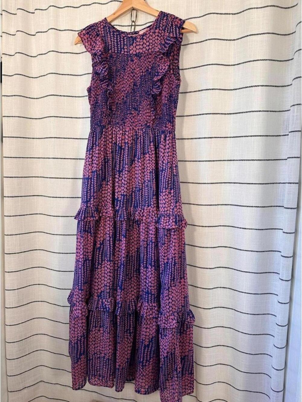 Banjanan Iris Smocked Tiered Maxi Dress Size S Navy Pink Boho Festival Summer